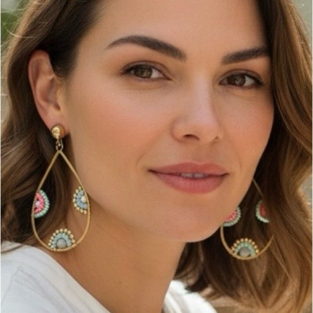 Gold and Multicolor Beaded Teardrop Earrings